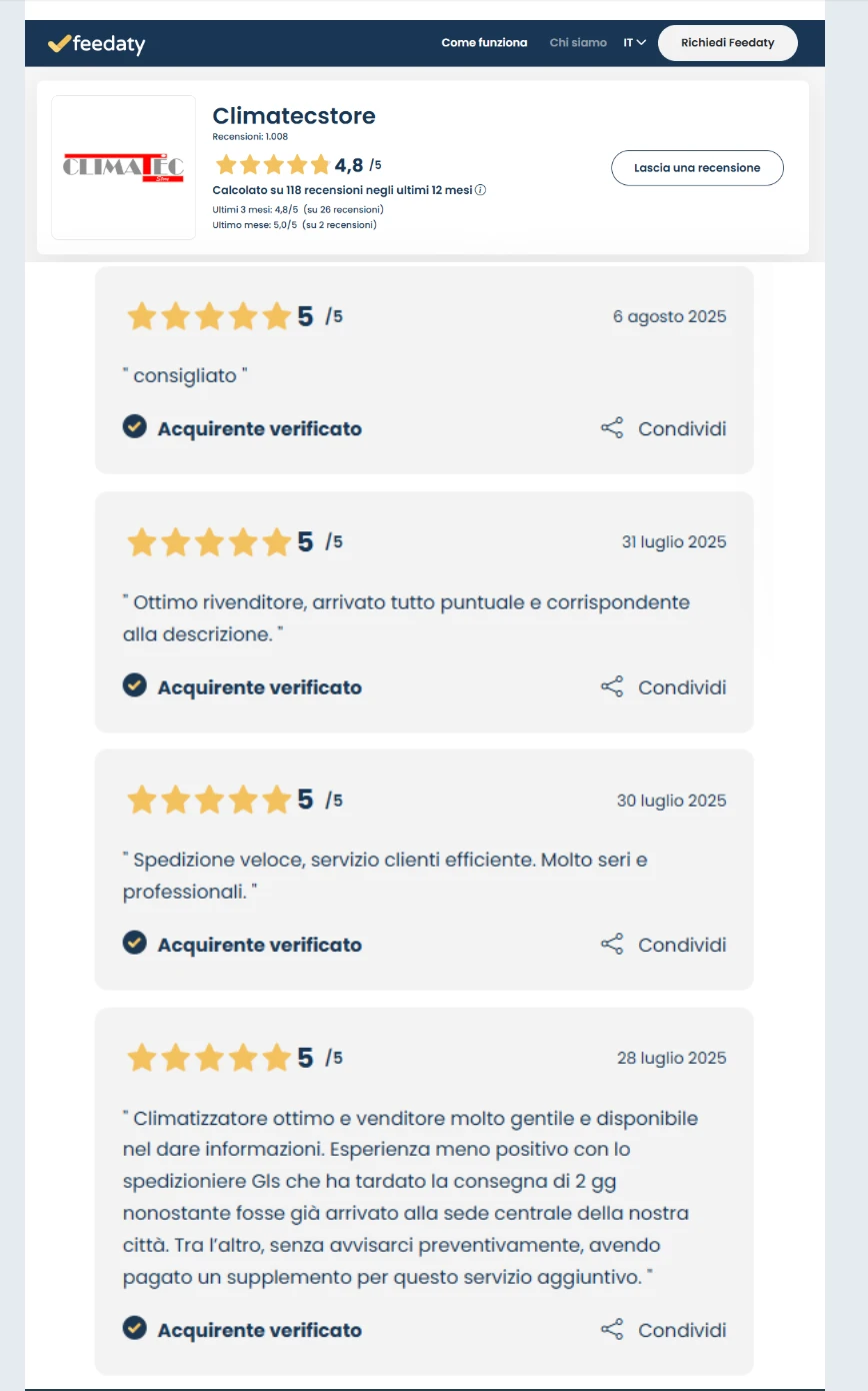 Climatec — widget recensioni Feedaty, 4,8 su 5 da oltre mille recensioni