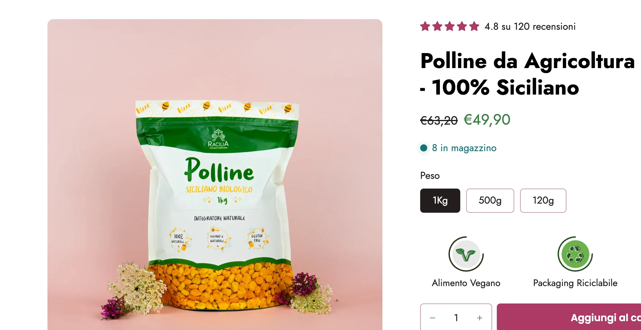 Above the fold della product page Racilia: immagine, prezzo, selettore varianti e CTA