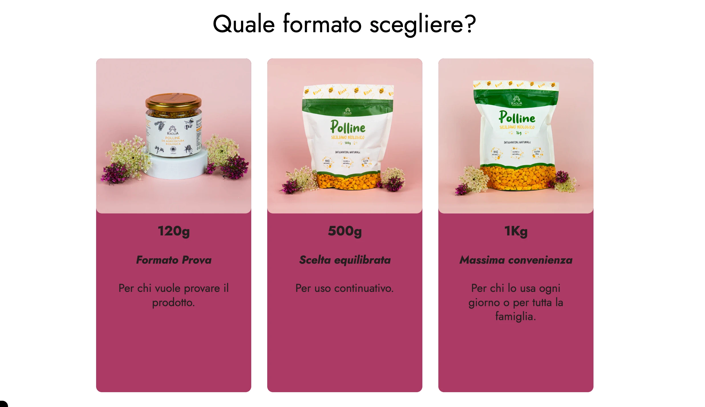 Selettore formato e leve di scarsità della product page Racilia