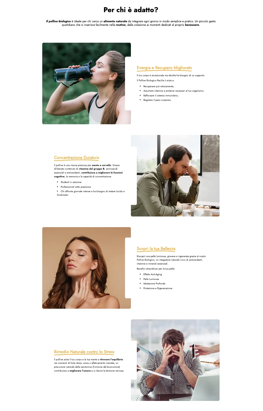 Sezione benefici e copywriting di valore della product page Racilia