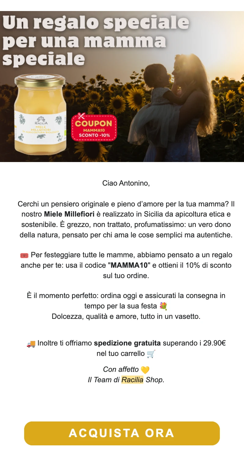 Email Racilia — Festa della Mamma con coupon e prodotti correlati