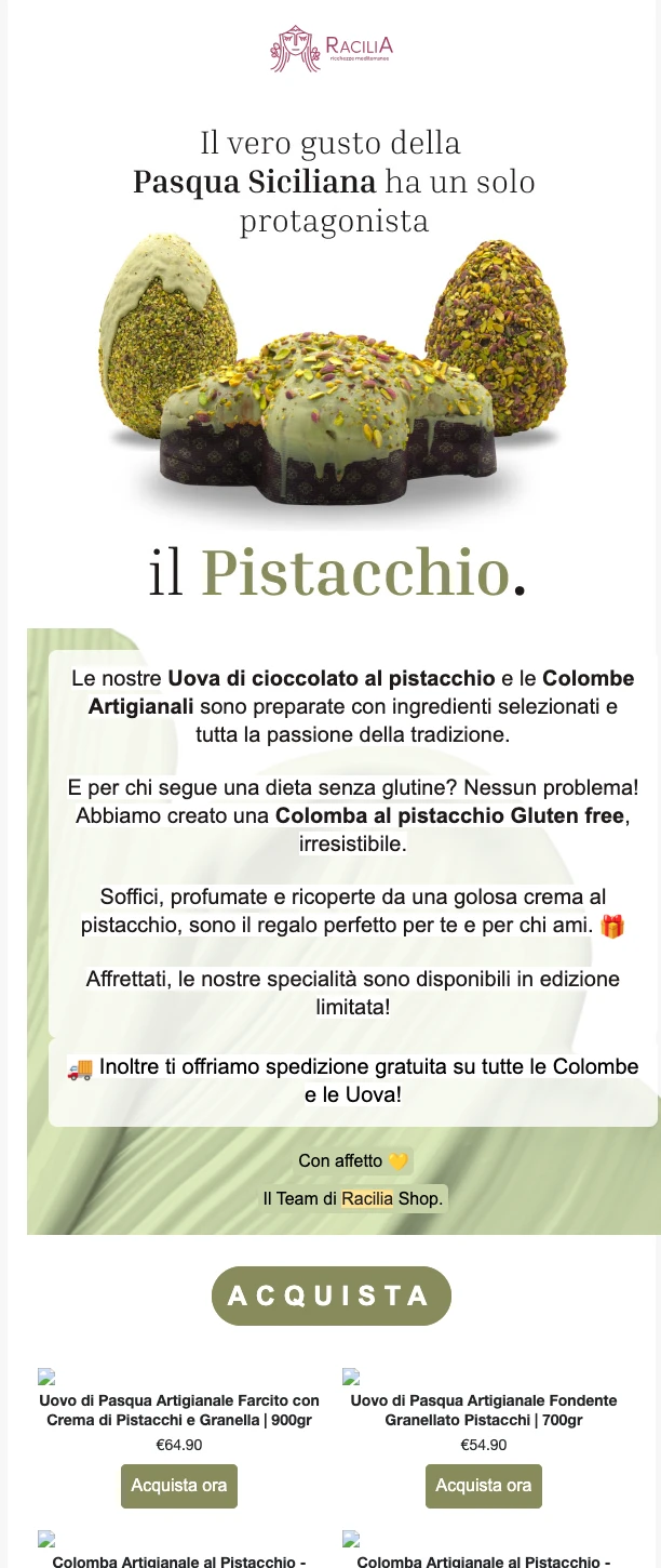 Campagna email Racilia — Pasqua Siciliana al pistacchio