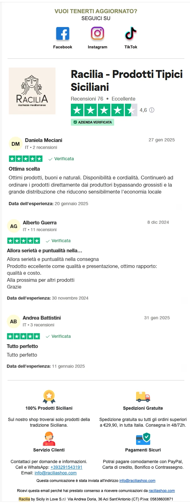 Racilia — widget recensioni Trustpilot in email, 4,6 e Azienda Verificata